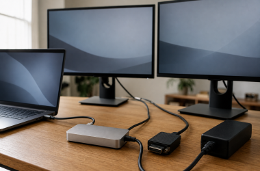 Generic dual-monitor Thunderbolt desk setup illustrating display adapters and power