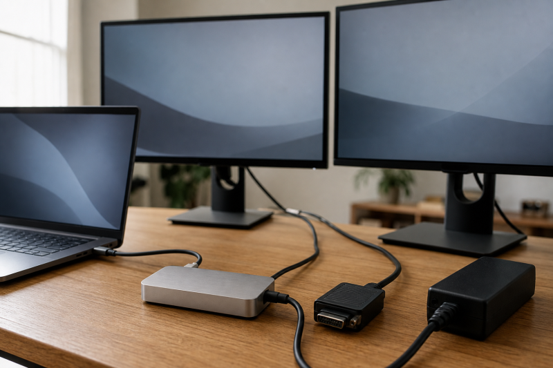 Generic dual-monitor Thunderbolt desk setup illustrating display adapters and power