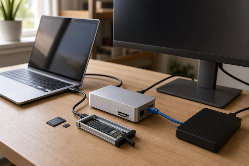 Generic Thunderbolt desk setup illustrating dock and SSD ownership decisions
