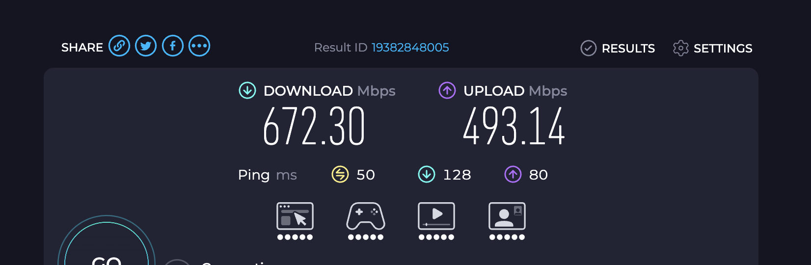 Speed test through VPNBaron: 672 Mbps down, 493 Mbps up
