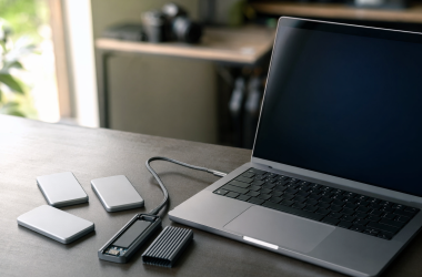 Thunderbolt 5 external SSDs and NVMe enclosures beside a laptop