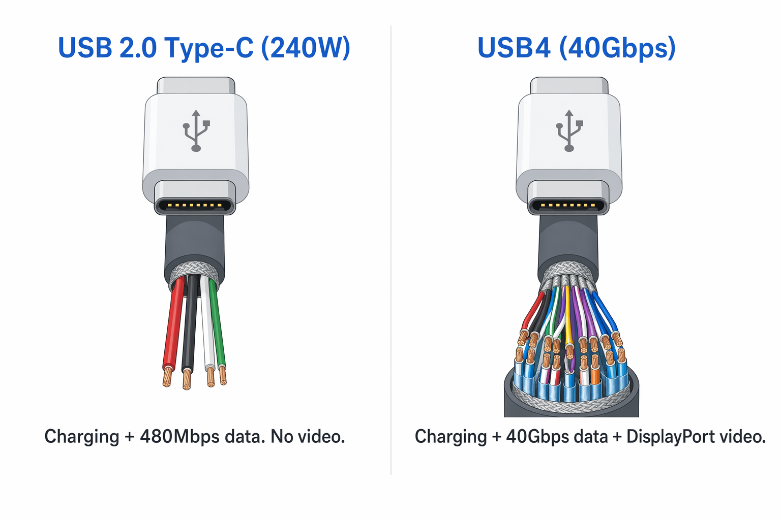 Cutaway comparison showing a USB 2.0 Type-C cable with four wires and no video support next to a USB4 cable with many more wires that carries DisplayPort video
