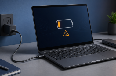 Windows laptop connected to a USB-C charger with a charging warning beside a dock