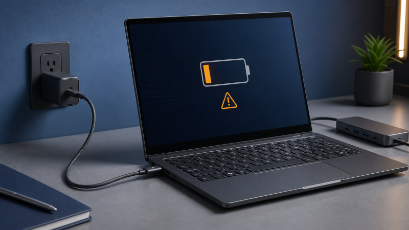 Windows laptop connected to a USB-C charger with a charging warning beside a dock