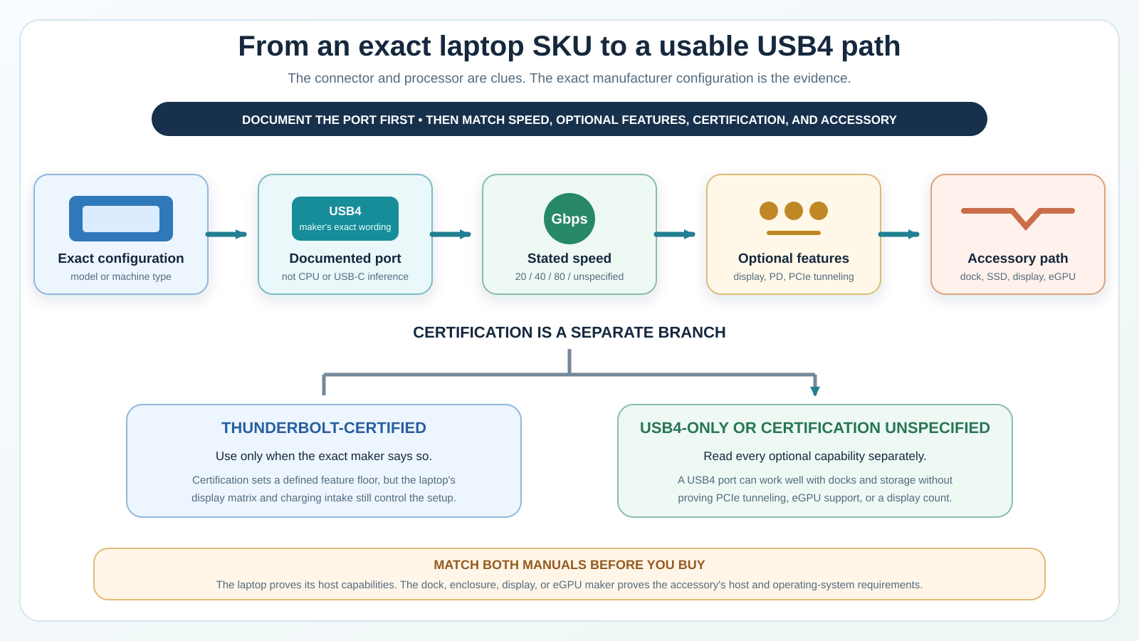 Diagram showing how an exact Windows laptop configuration maps its documented USB4 speed and optional capabilities to compatible docks, storage, displays, and external GPUs.