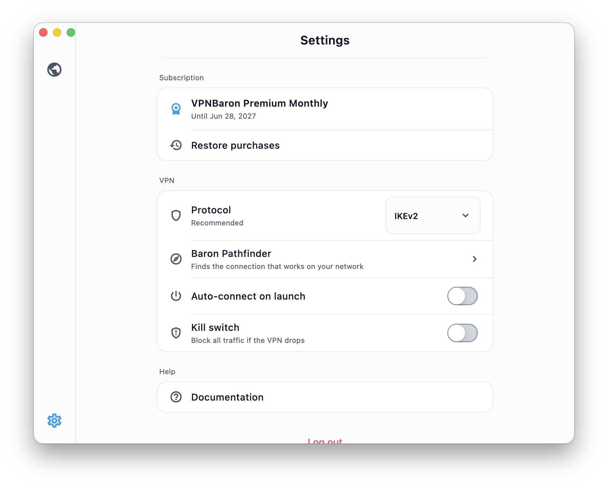 VPNBaron settings with the kill switch toggle