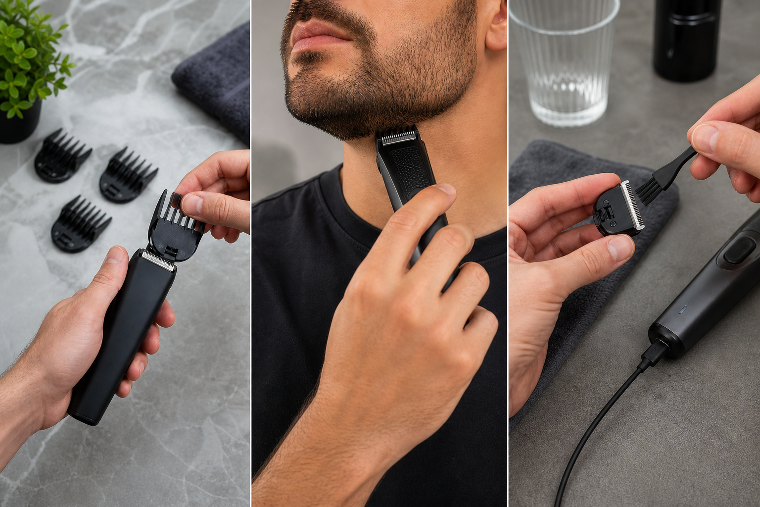Comparison of beard trimmer setups: a trimmer with a length dial, a T-blade trimmer for edging, and a trimmer charging from a USB-C cable.