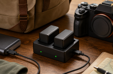 USB-C camera battery charger with two batteries beside a camera and travel bag