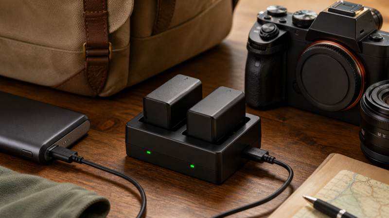 USB-C camera battery charger with two batteries beside a camera and travel bag