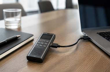 USB-C digital voice recorder connected to a laptop on a work desk
