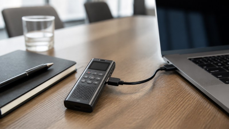 USB-C digital voice recorder connected to a laptop on a work desk