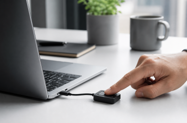 USB-C fingerprint reader connected to a laptop for Windows Hello sign-in