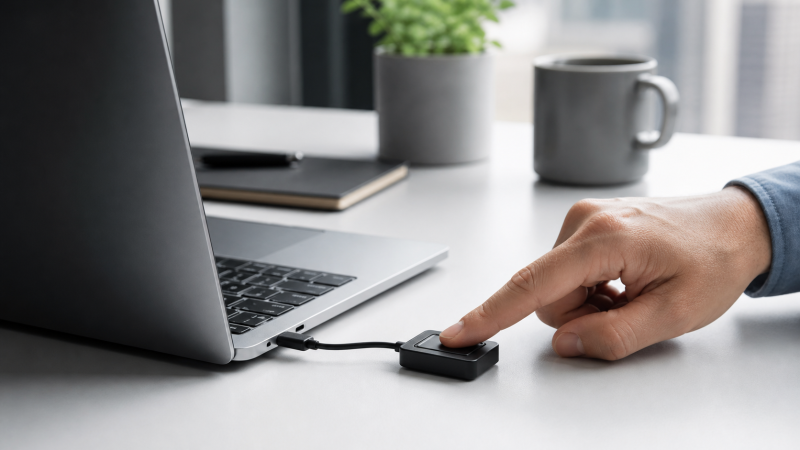 USB-C fingerprint reader connected to a laptop for Windows Hello sign-in