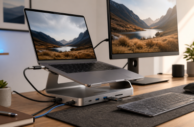 USB-C laptop stand with integrated hub ports, Ethernet, card reader, and external display connected at a desk