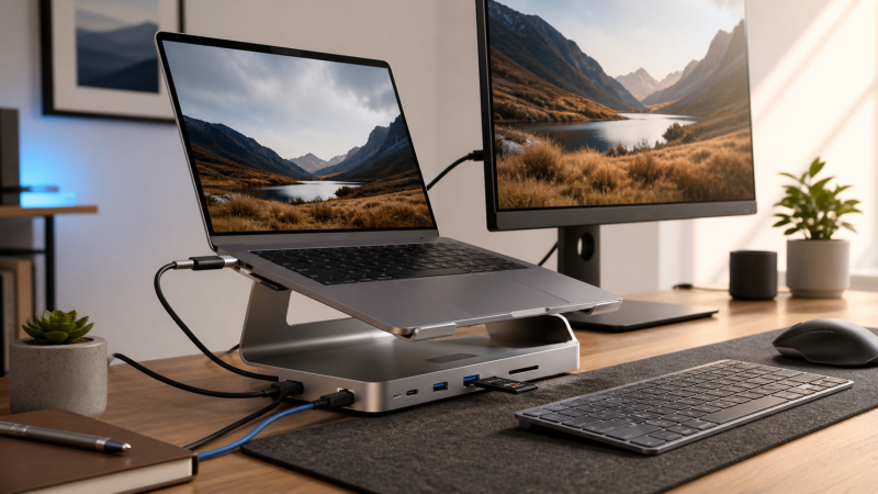 USB-C laptop stand with integrated hub ports, Ethernet, card reader, and external display connected at a desk