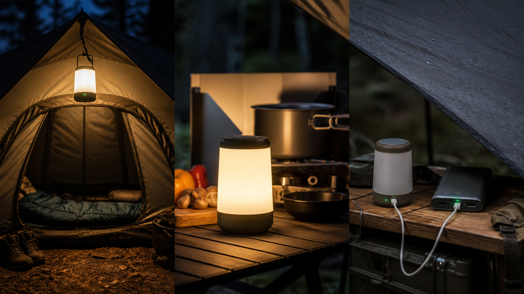 USB-C camping lantern placement and charging guide showing a hanging tent lantern, a tabletop campsite lantern, and a lantern connected to a USB-C power source.