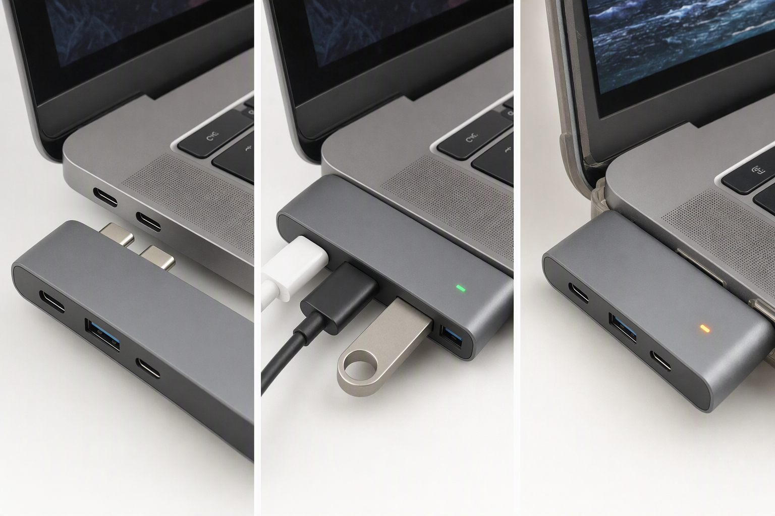 Diagram comparing a bare MacBook Pro dual-port side with a bottom-case fit obstruction for a form-fitting USB-C hub.