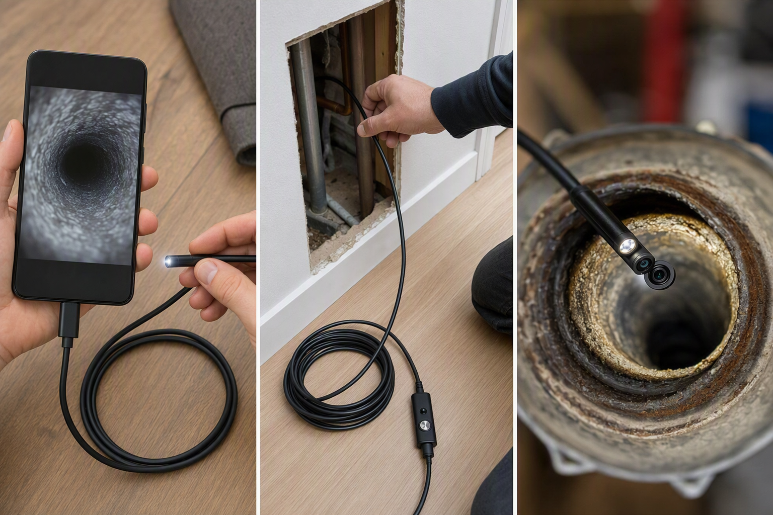 Comparison of USB-C endoscope camera setups: a flexible probe connected to a smartphone's USB-C port, a probe with a longer cable reaching into a wall gap, and a dual-lens probe inspecting a pipe.