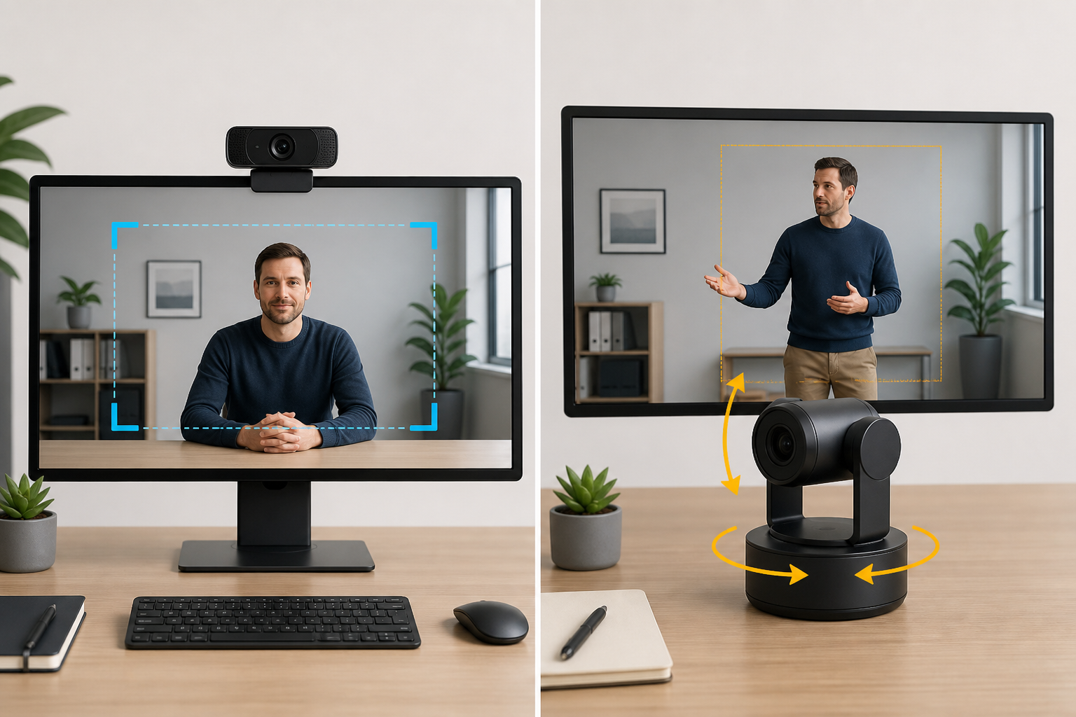 Side-by-side comparison of a fixed USB-C webcam digitally framing a seated caller and a motorized PTZ webcam pivoting to follow a standing presenter.