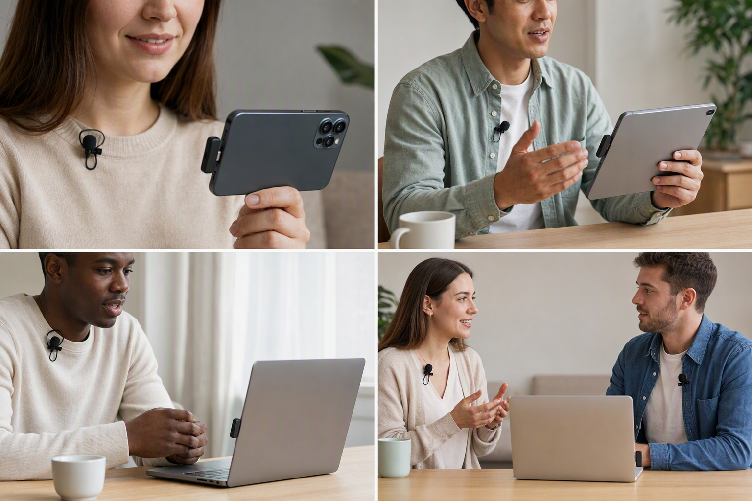 Comparison of wireless lavalier microphone kits using only USB-C receivers: a one-transmitter kit with its receiver plugged into a smartphone, a one-transmitter kit with the receiver in a tablet, a one-transmitter kit with the receiver in a laptop, and a two-transmitter interview kit with a single USB-C receiver on a laptop.
