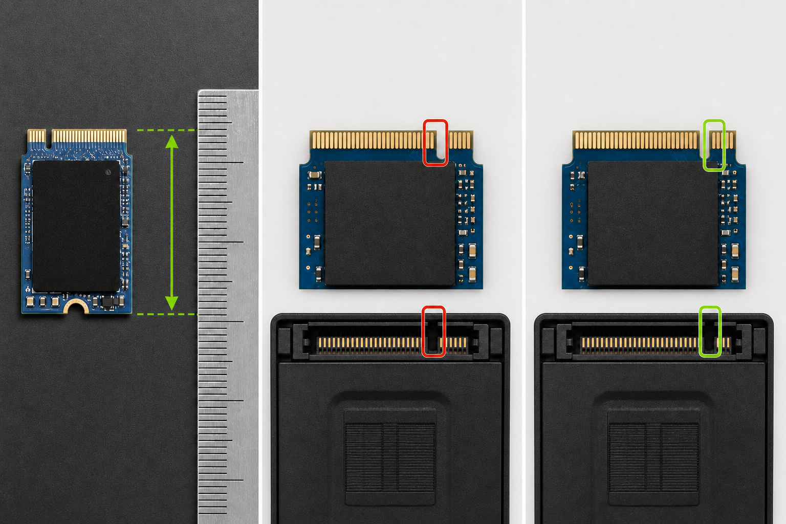 Three-panel compatibility guide showing a short M.2 SSD beside a ruler and two edge-connector notch alignments against enclosure sockets.