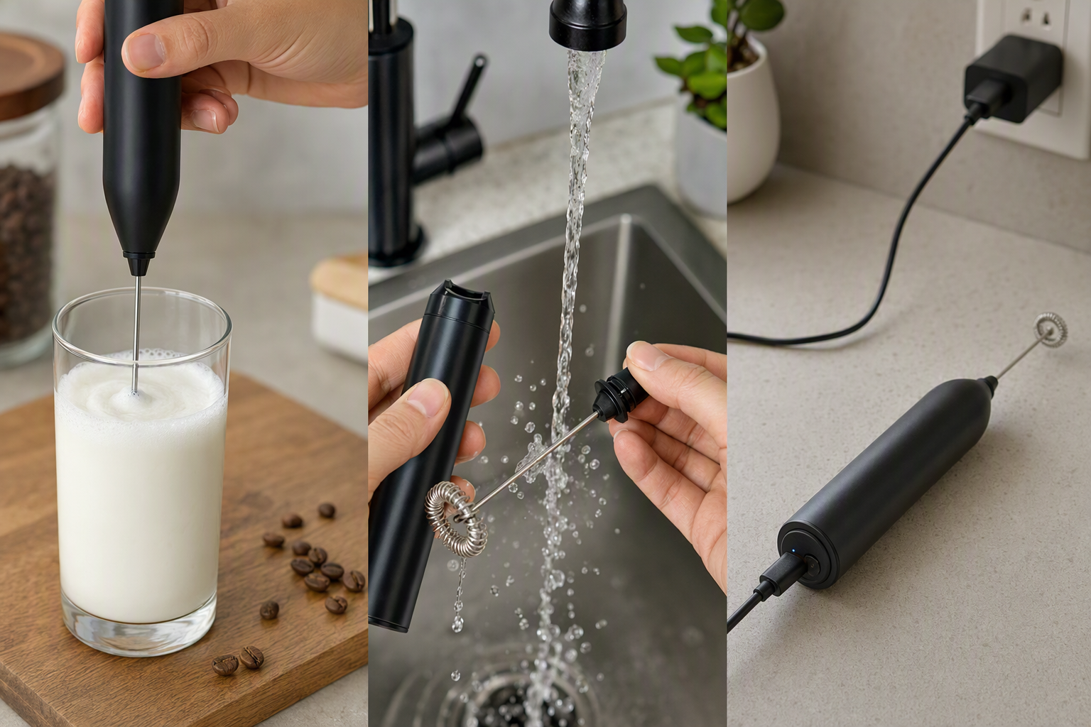 Comparison of USB-C milk frother use: a frother whisking milk in a tall glass, a frother with a detachable whisk head being cleaned under water, and a frother charging from a USB-C cable on a counter.