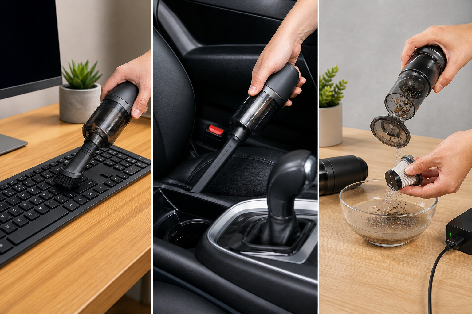 Comparison of USB-C mini vacuum usage: a handheld vacuum cleaning a laptop keyboard, a 2-in-1 vacuum with a brush attachment on a desk, and a mini vacuum charging via USB-C from a power bank.