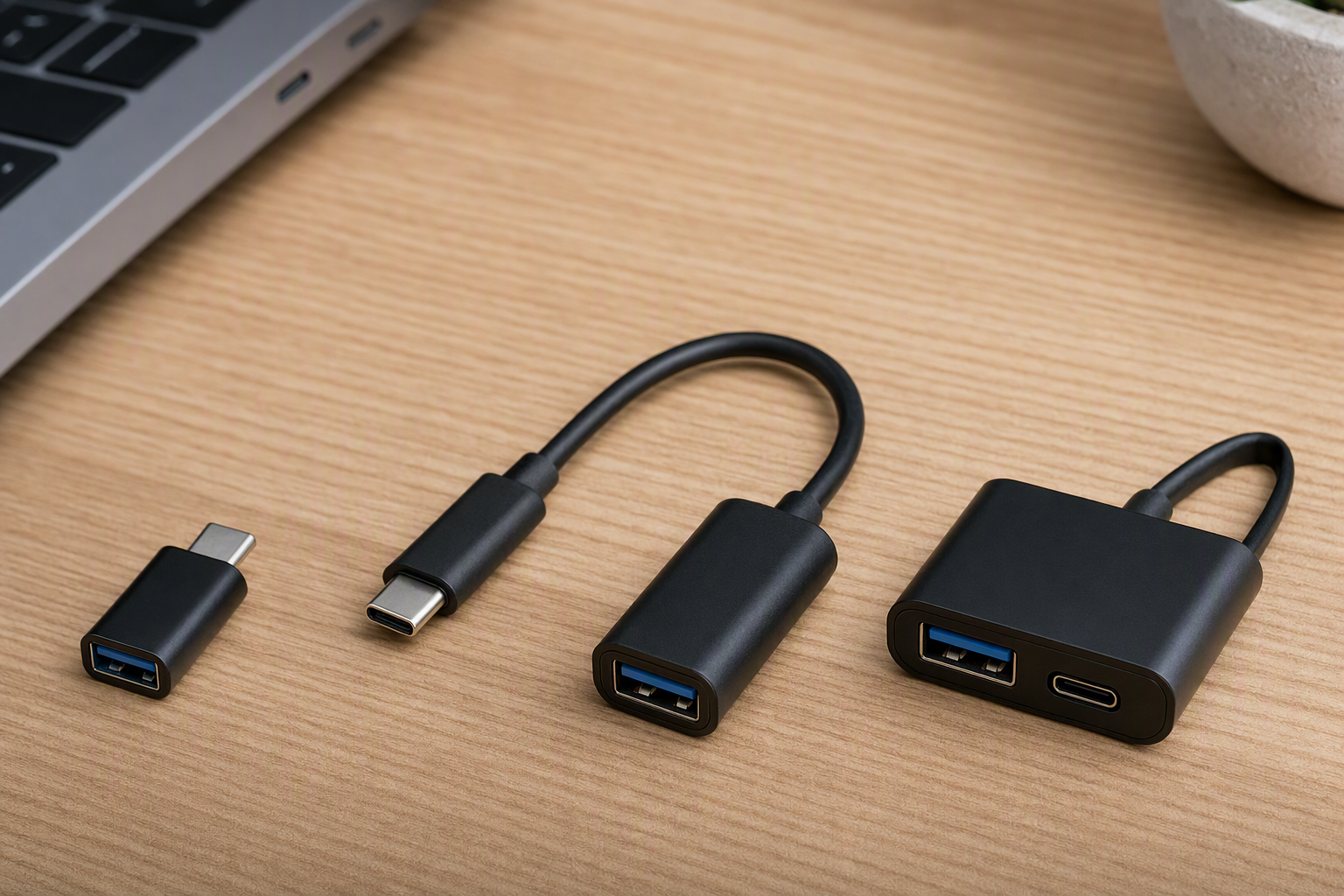 Compatibility diagram showing a USB-C male plug connected to an OTG-capable host and a USB-A female port connected to a peripheral.