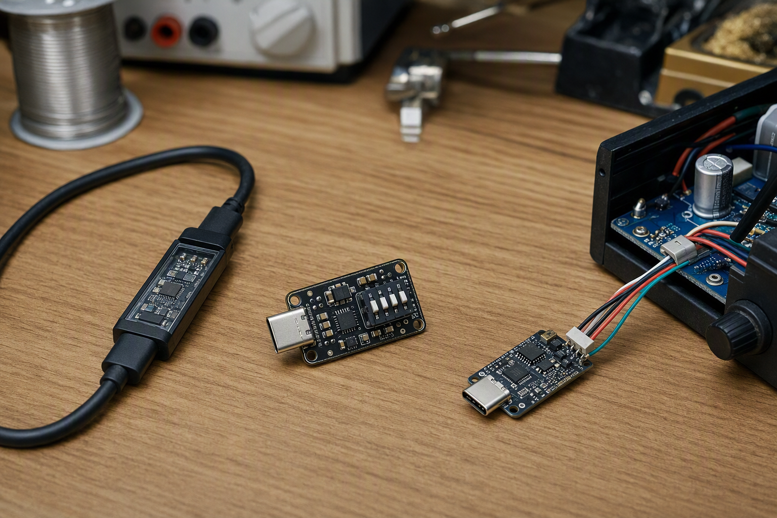 Comparison of USB-C PD trigger boards: a fixed-voltage board with a built-in cable, a DIP-switch selectable board on a bench, and a bare PCB module wired to a small project.