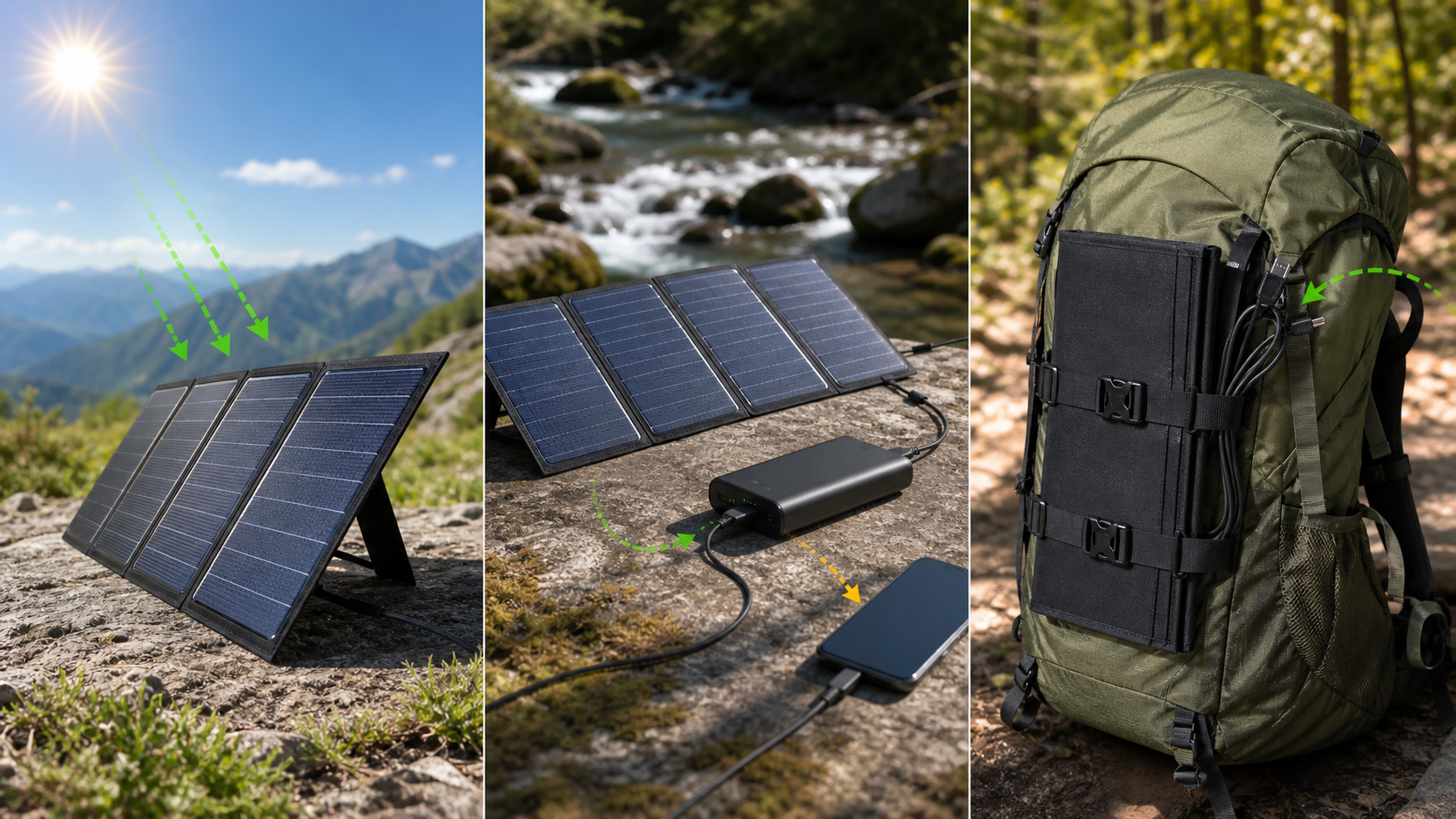 Foldable USB-C solar panel charging a phone and a power bank in daylight, then the charged power bank supplying a device after dark.