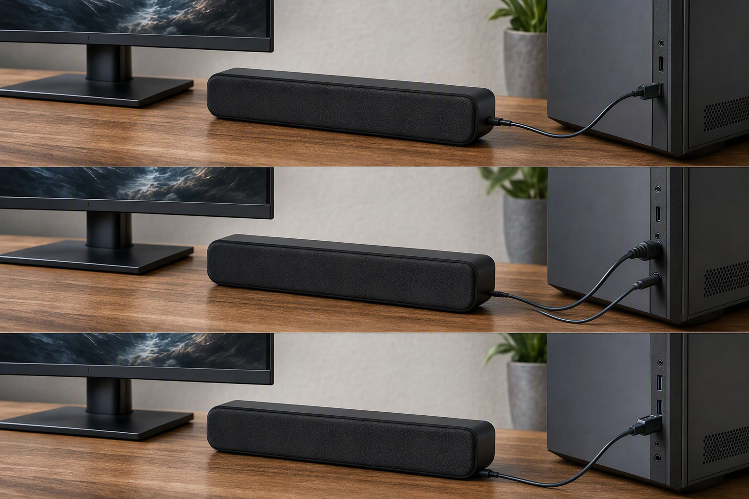 Comparison of soundbar connections: a soundbar with a single USB-C cable to a PC, a soundbar with separate power and audio cables, and one using a USB-A connection.