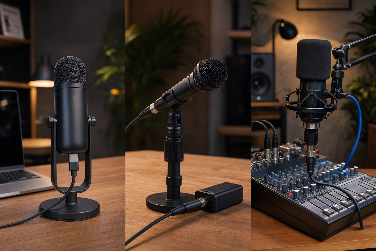 Comparison of microphone setups: a direct USB-C condenser mic, a dynamic mic using a USB adapter, and an XLR interface setup with a mixer.