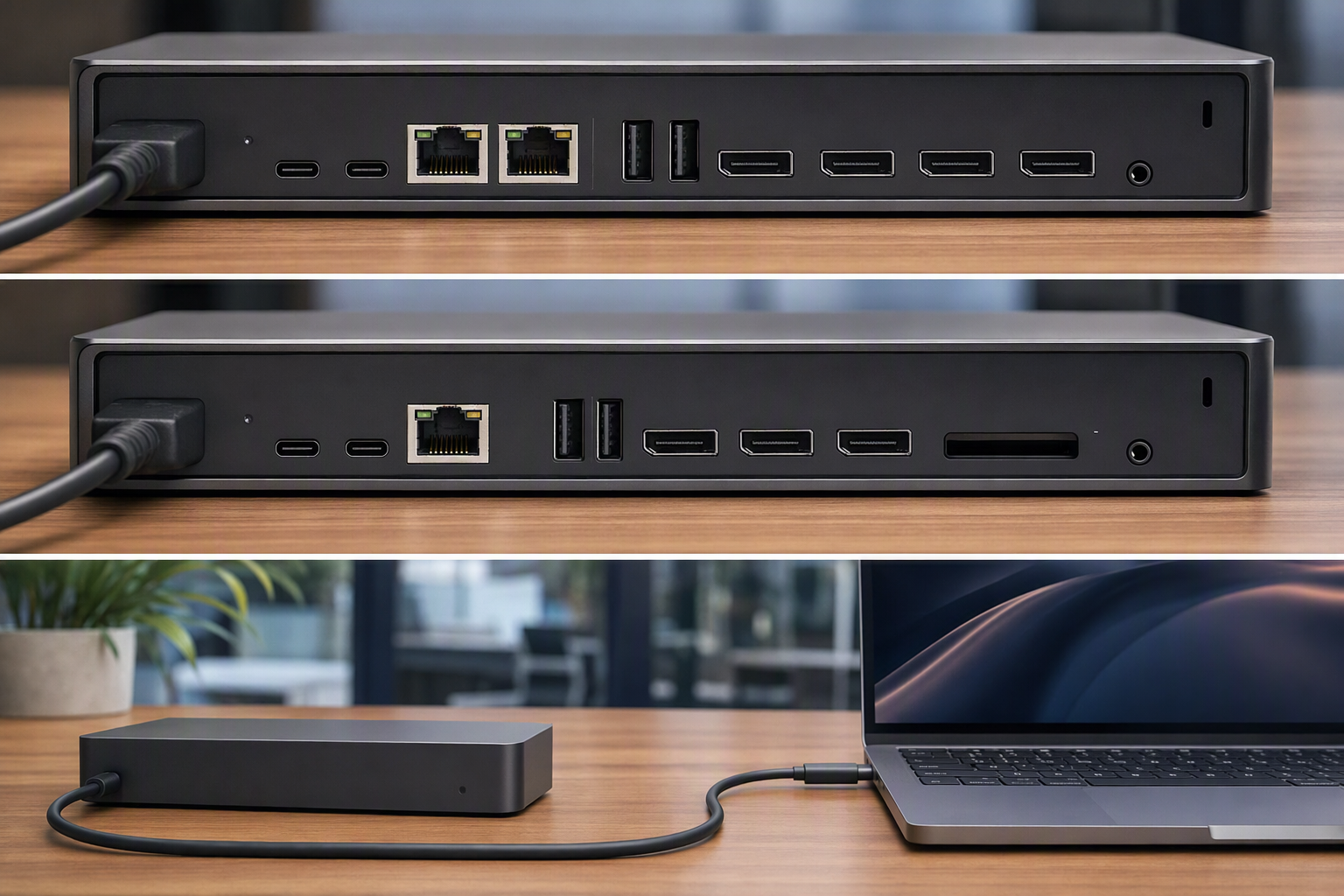Comparison of Thunderbolt 5 dock port layouts: a dock with dual 10GbE ports, a dock with one 10GbE port plus a storage slot, and the dock cabling back to a laptop.