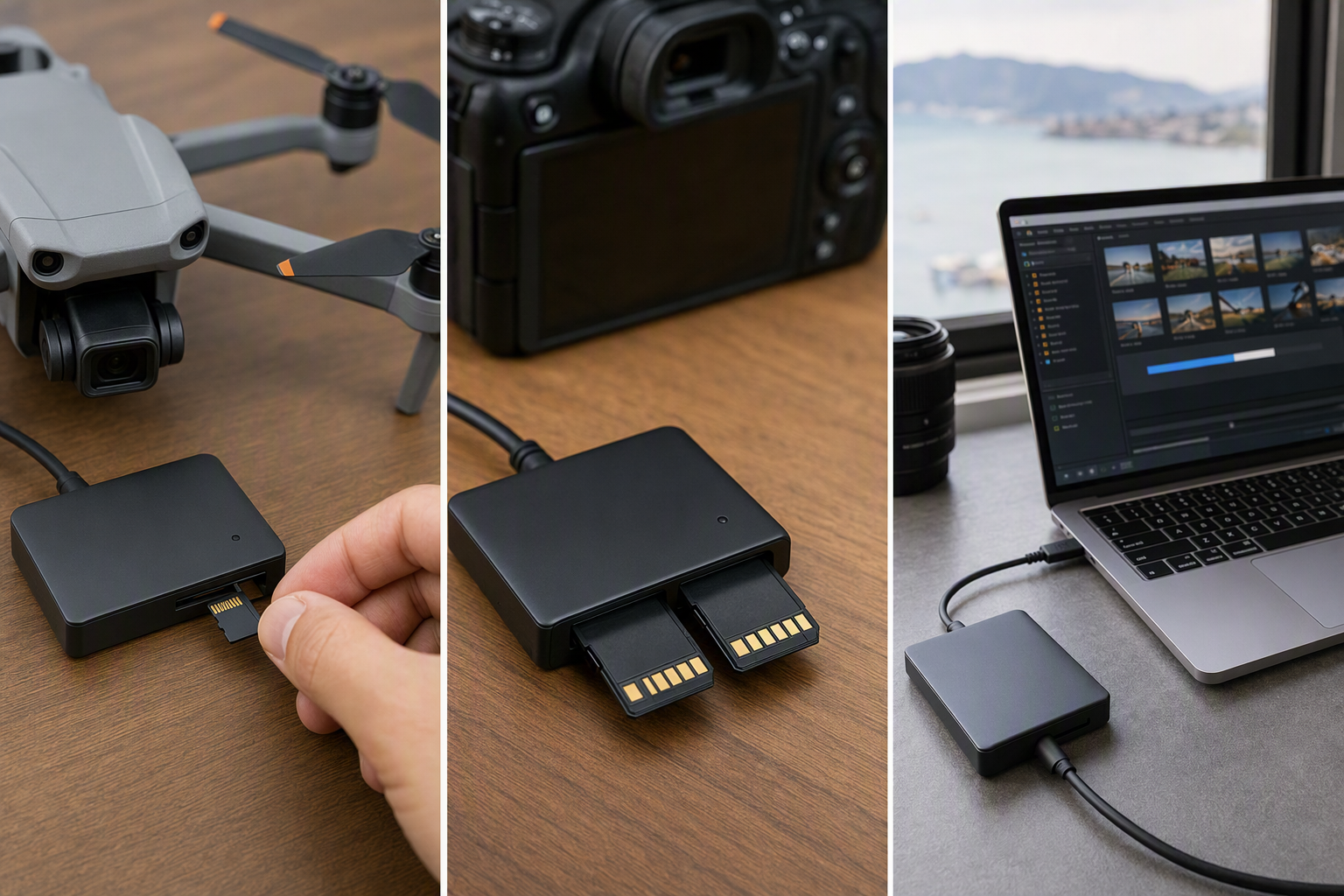 Workflow diagram showing a drone memory card, a USB-C UHS-II card reader, and a laptop storage destination.