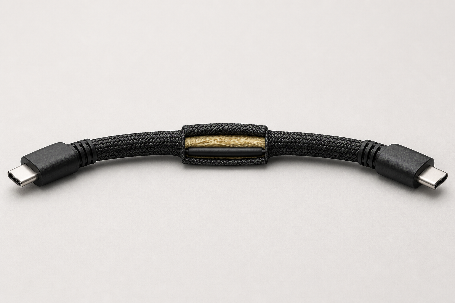 Braided USB-C cable cutaway with an opened woven outer sleeve, golden inner fibers, and intact black insulation.