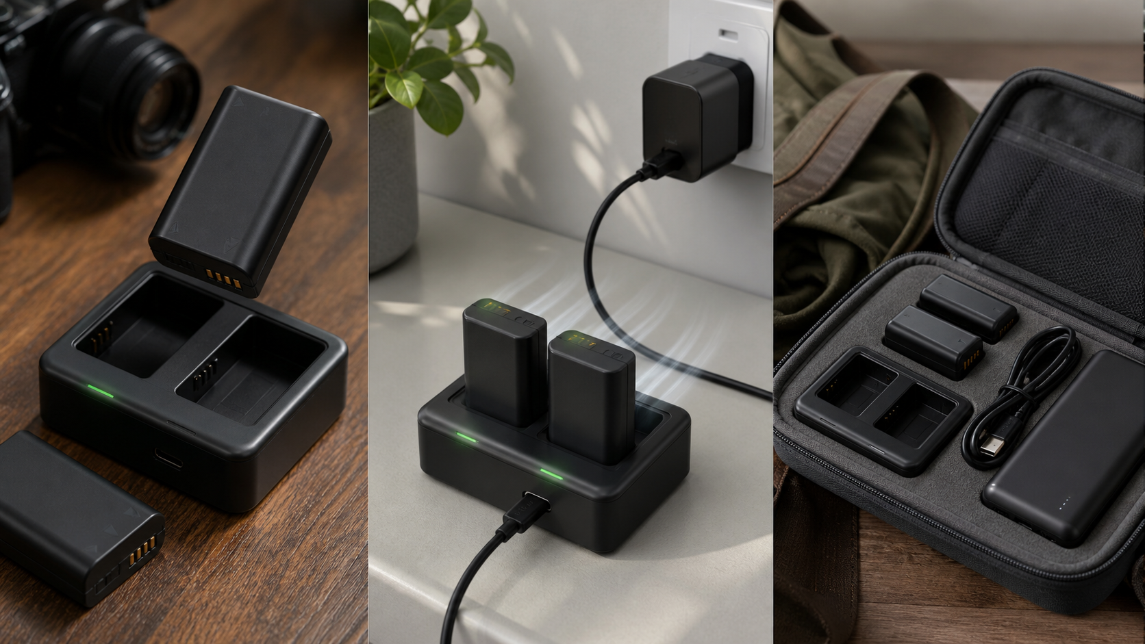 Three camera battery charger workflows showing a single battery bay, a dual-bay charger connected to USB-C power, and a travel charger kit with spare batteries.