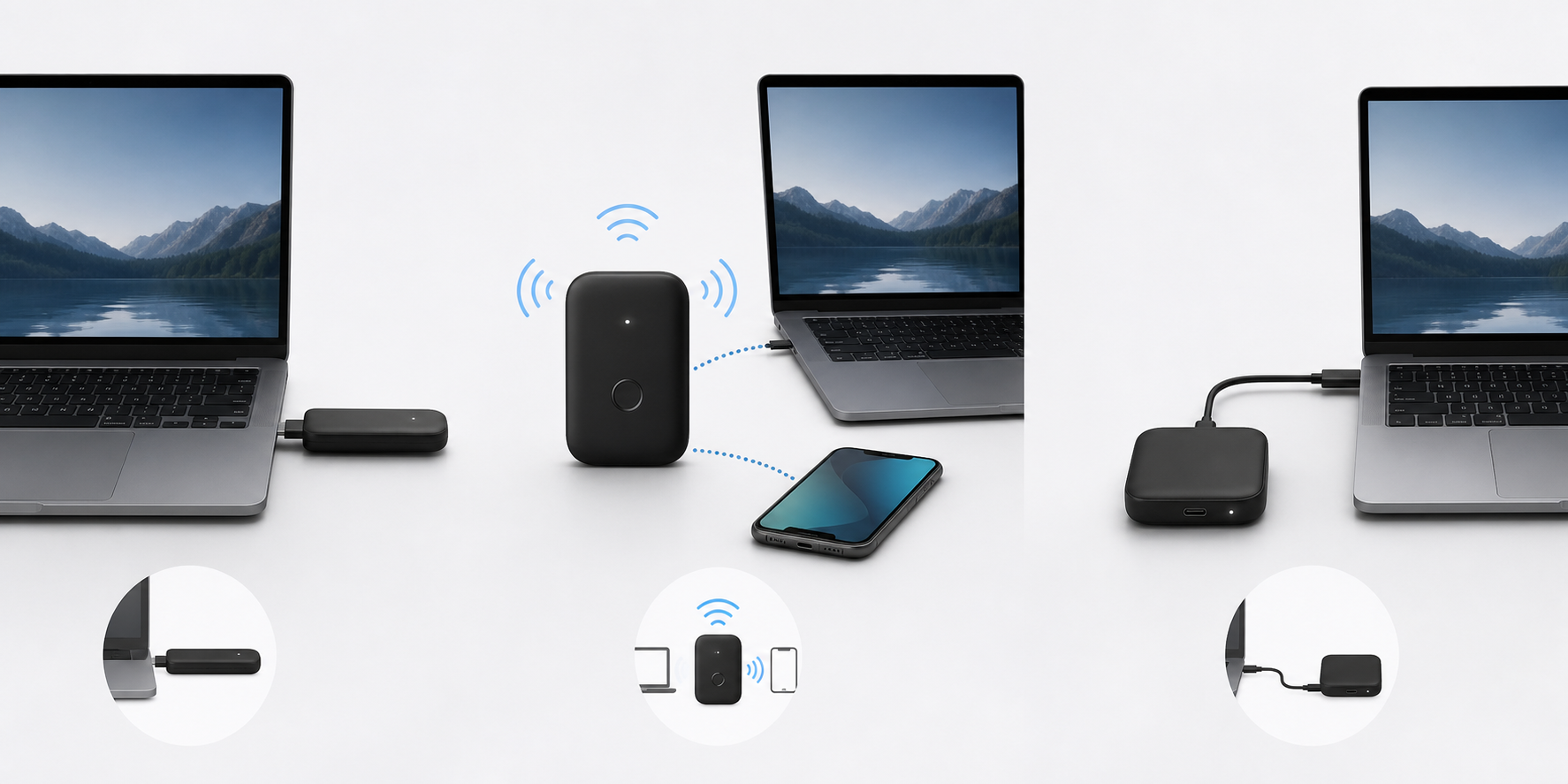 Illustration comparing a laptop connected directly to a USB-C cellular modem with a laptop using a Wi-Fi hotspot.