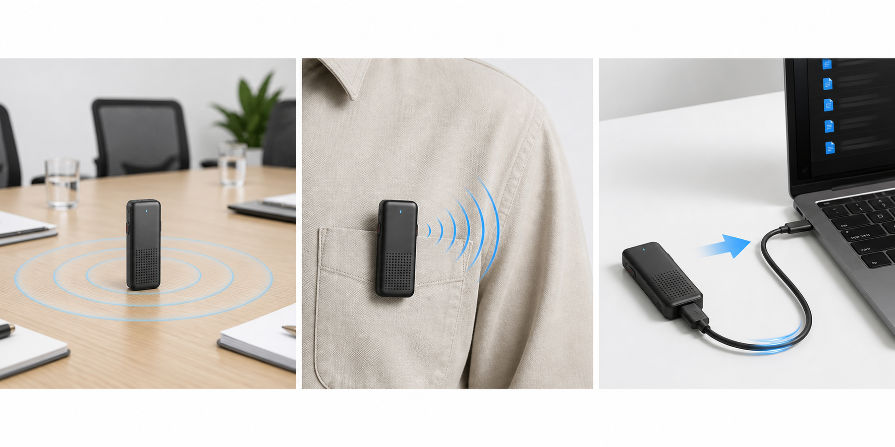Illustration of a voice recorder used on a meeting table, worn for mobile capture, and connected by USB-C to a laptop for file transfer.