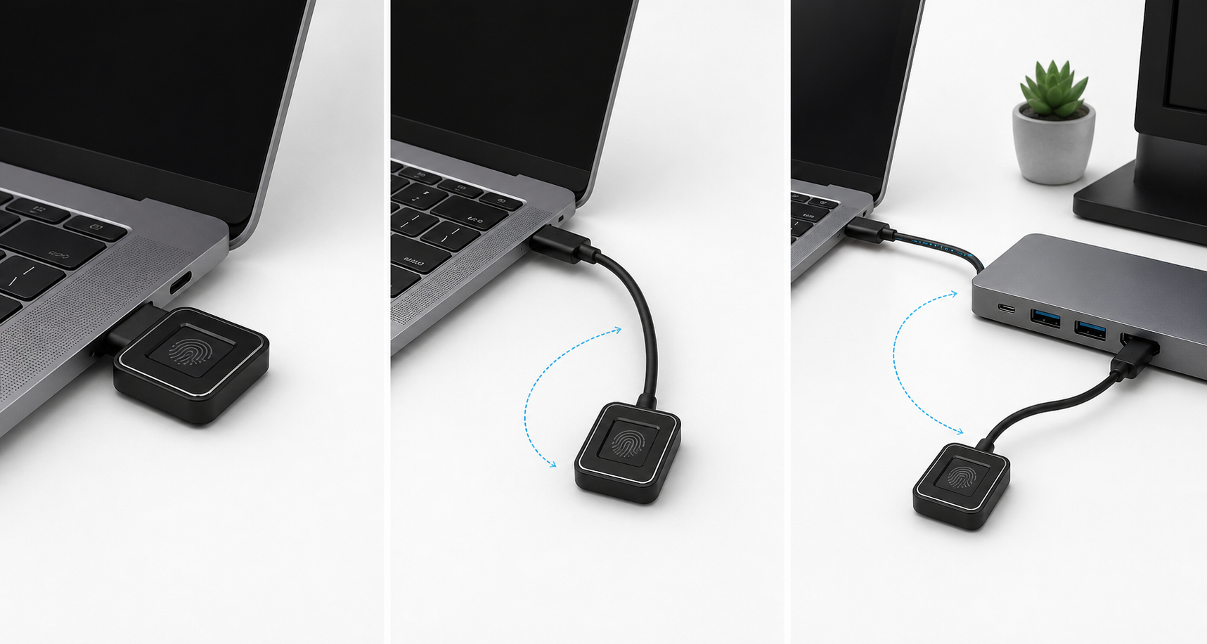 Illustration comparing a direct USB-C fingerprint reader connection, a cabled reader connection, and a reader used alongside a USB-C hub.
