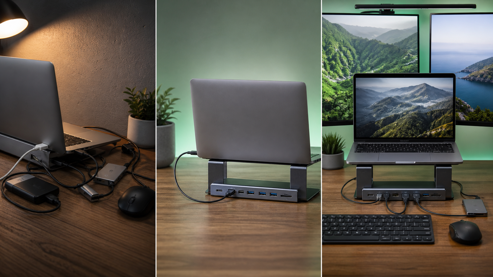 Three USB-C laptop stand and hub setups: a portable cable arrangement, a compact desk dock, and a dual-display workstation.