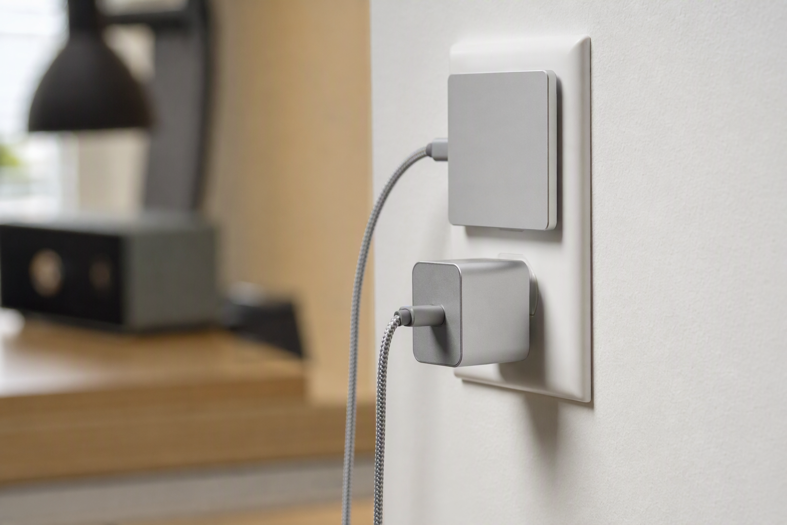 Flat USB-C GaN wall charger lying flush against an outlet above a cube charger that protrudes from the wall.