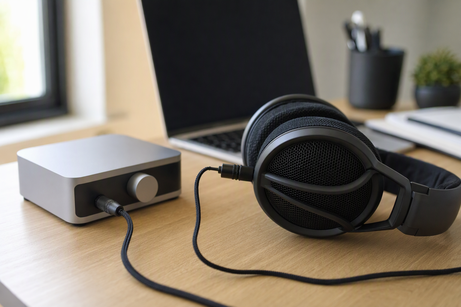 Open-back headphones connected to a small audio interface on a home desk