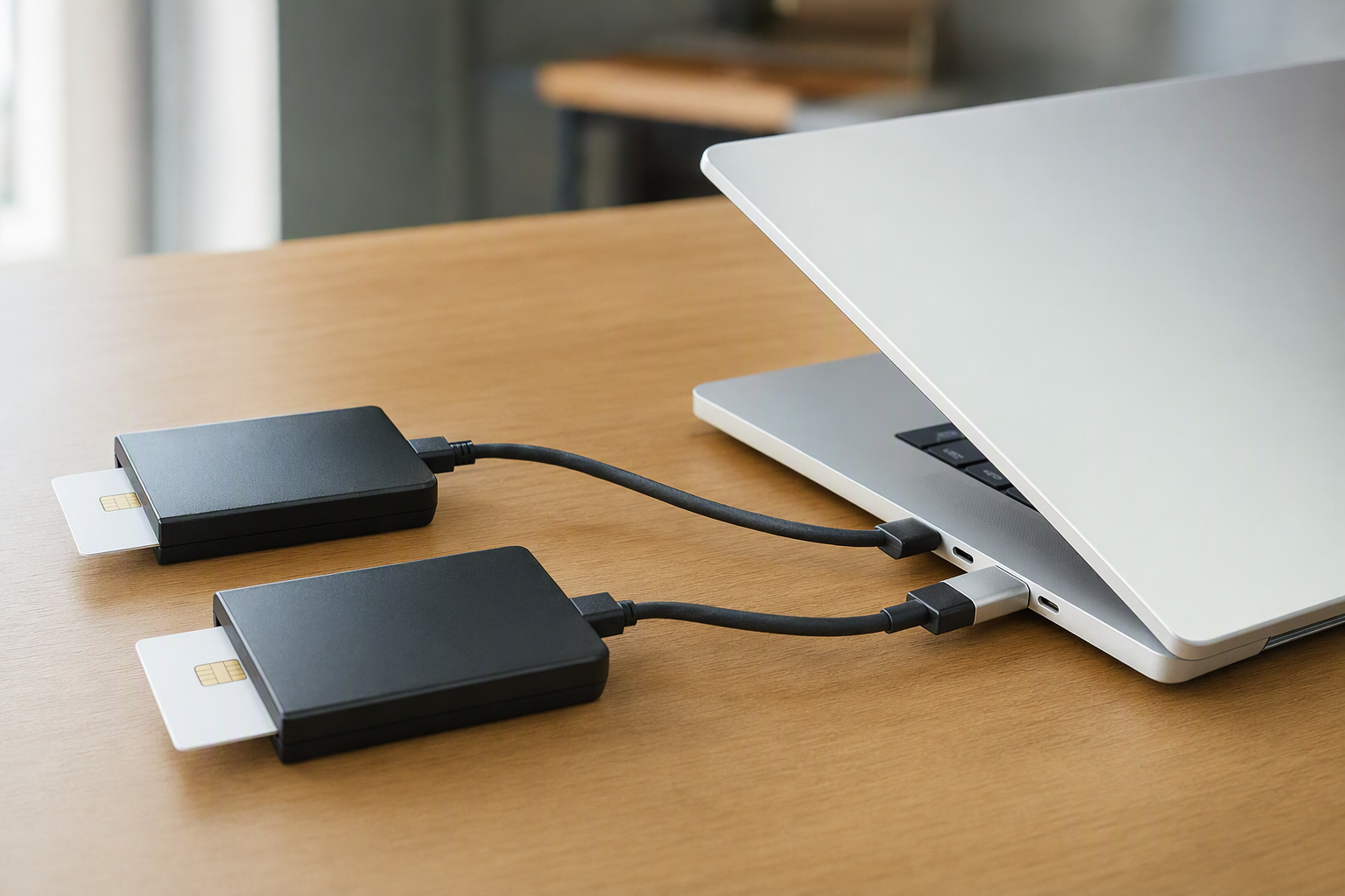 USB-C smart card reader plugged straight into a laptop beside a USB-A smart card reader connected through a USB-C to USB-A adapter.
