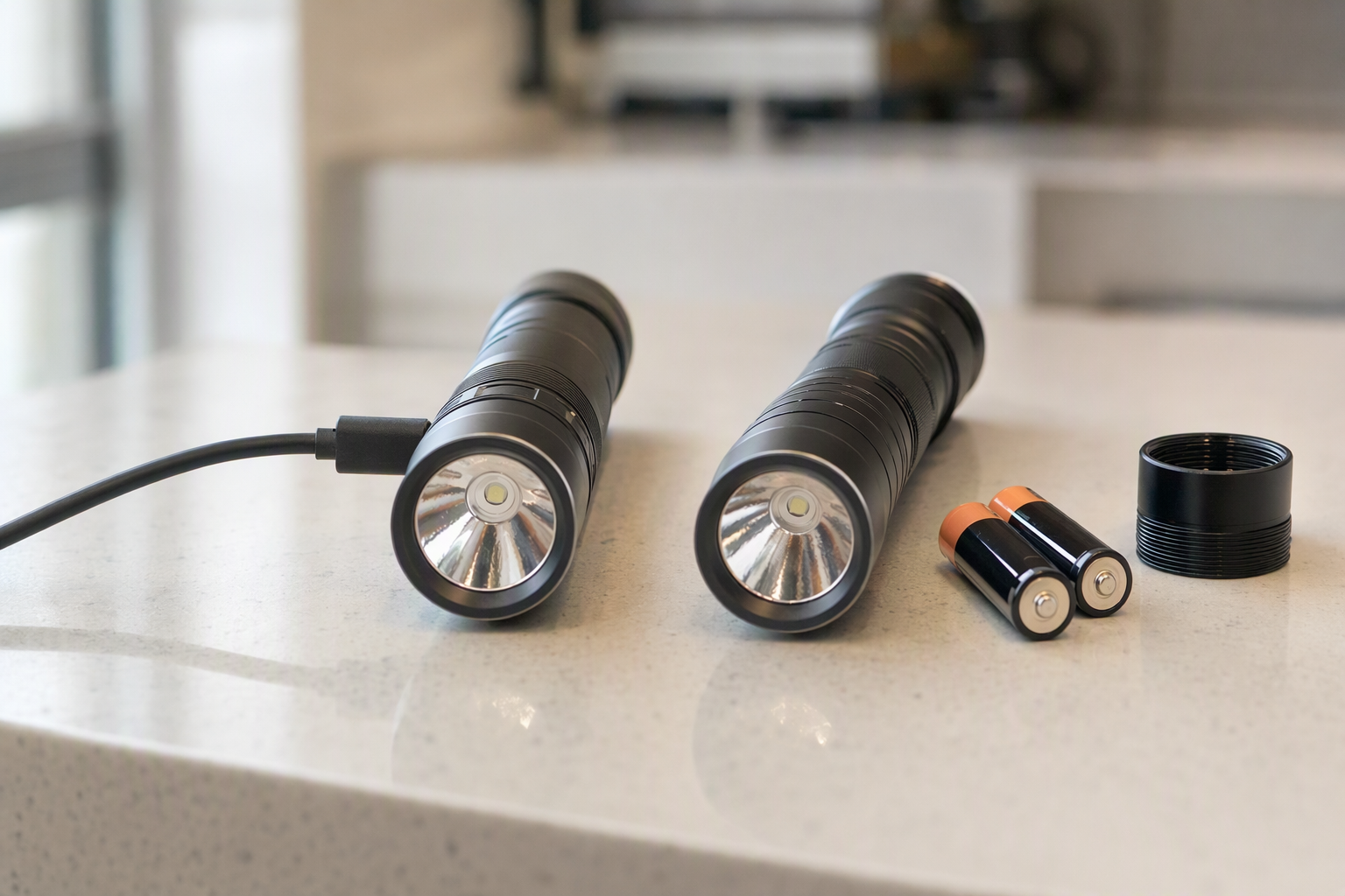 USB-C rechargeable flashlight charging from a USB-C cable beside a second flashlight with its tail cap off and two AA batteries for backup power.