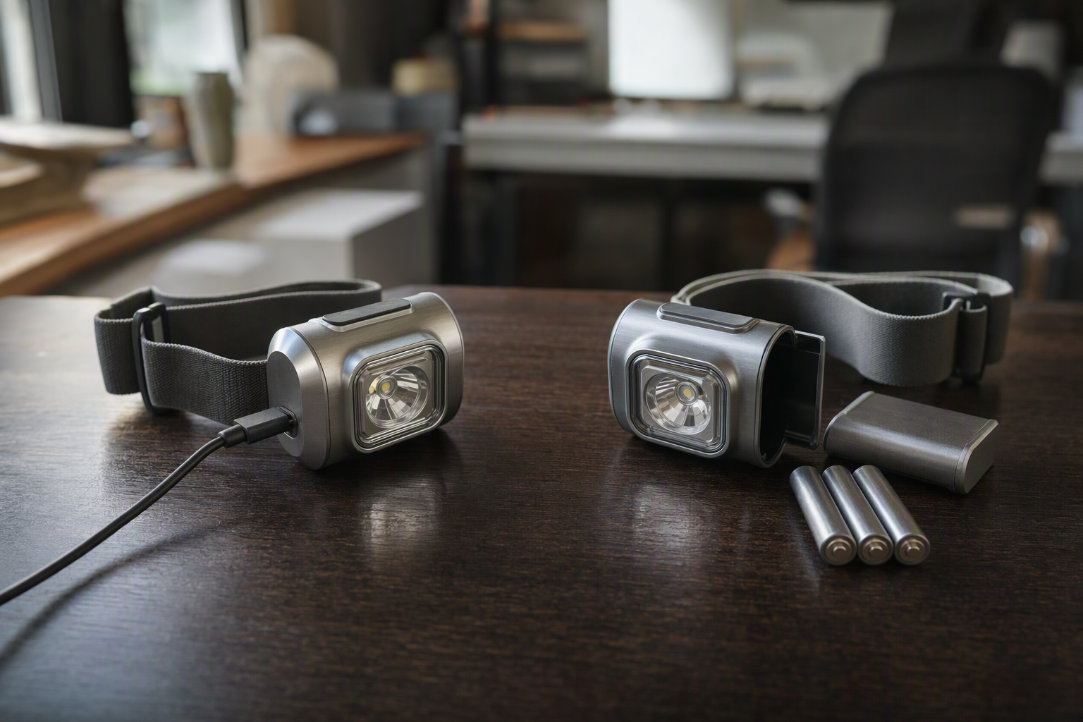 USB-C rechargeable headlamp charging from a USB-C cable beside a second headlamp with its battery pack slid out next to three AAA batteries for backup power.
