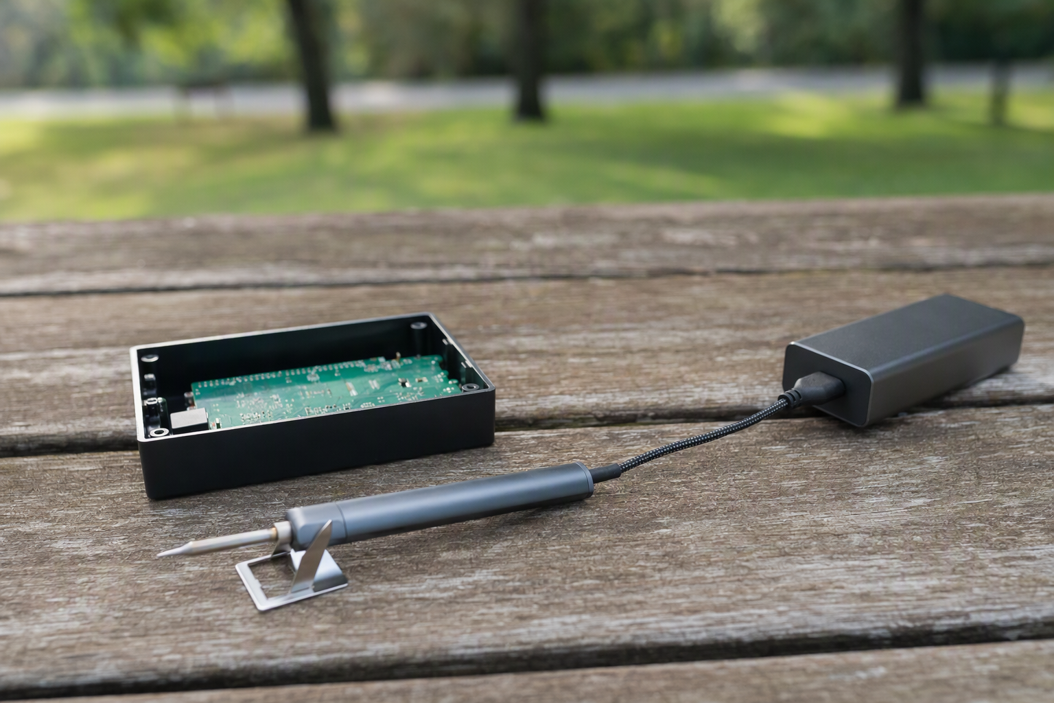 Pen-style USB-C soldering iron connected by one braided cable to a USB-C power bank on an outdoor picnic table beside an open project box.