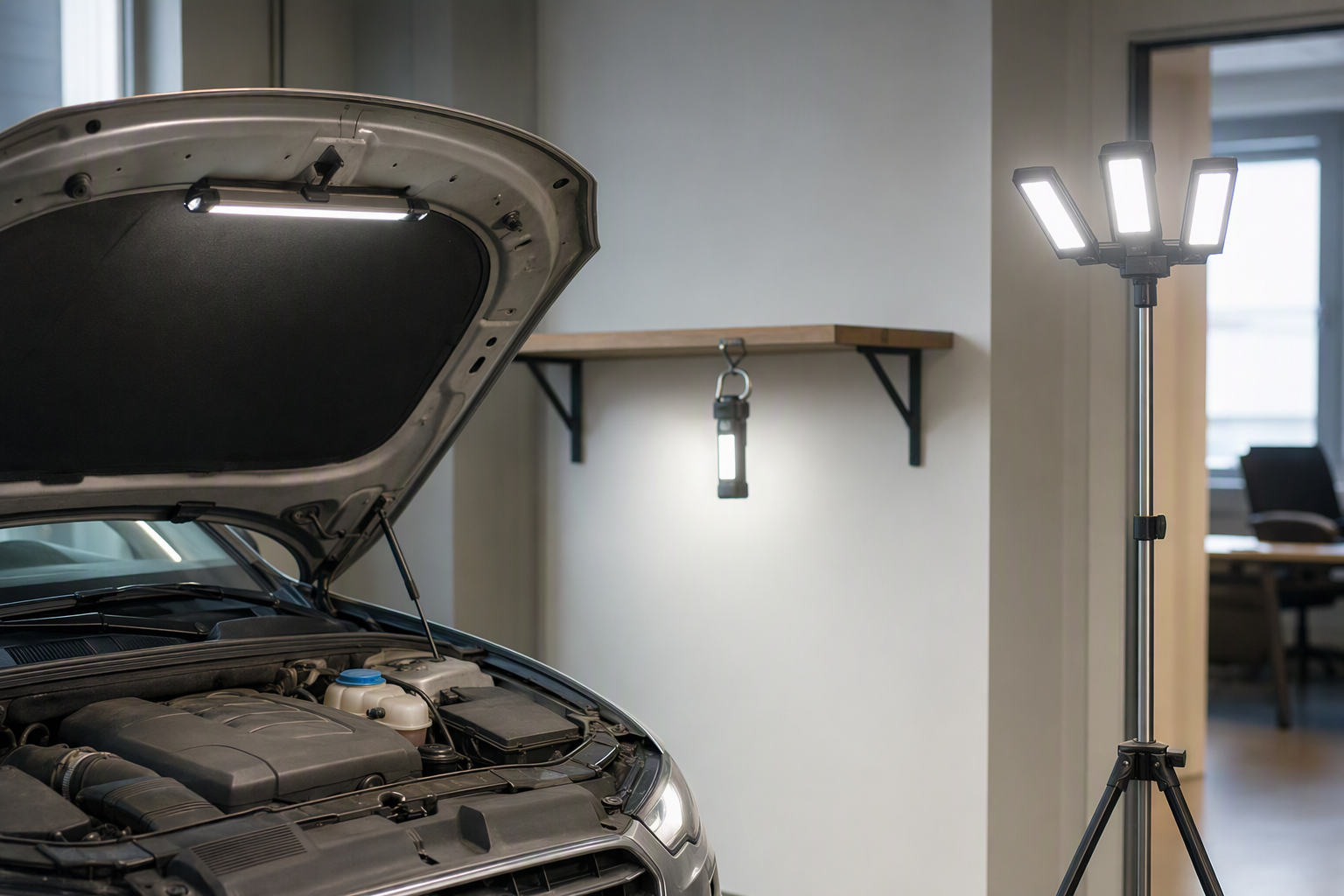 Three cordless USB-C rechargeable work lights in a garage: a bar light held under a raised car hood, a small work light hanging from a hook under a shelf, and a three-panel work light on a tall tripod.