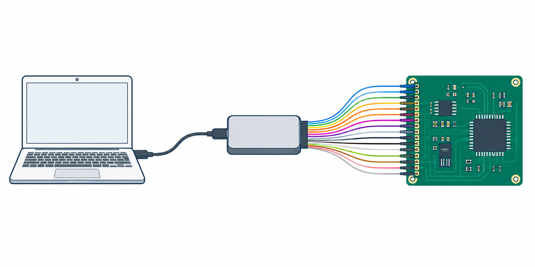 Diagram of a sixteen-channel logic analyzer connecting a circuit board to a laptop.