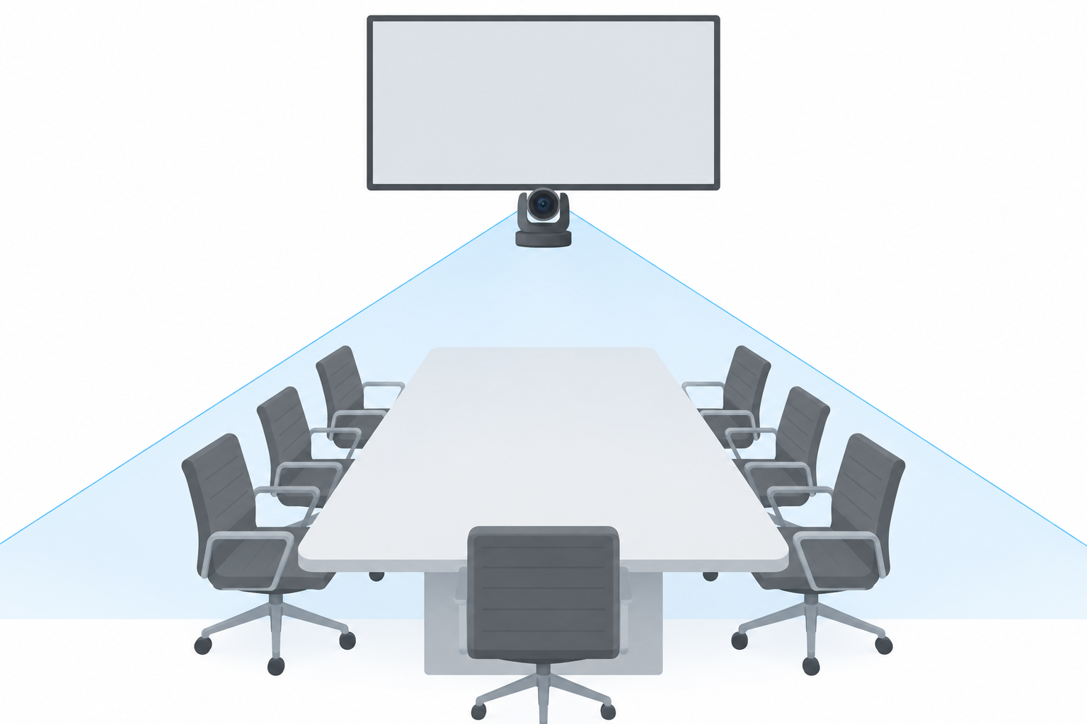 Diagram of a PTZ camera covering a conference table with a wide viewing cone.