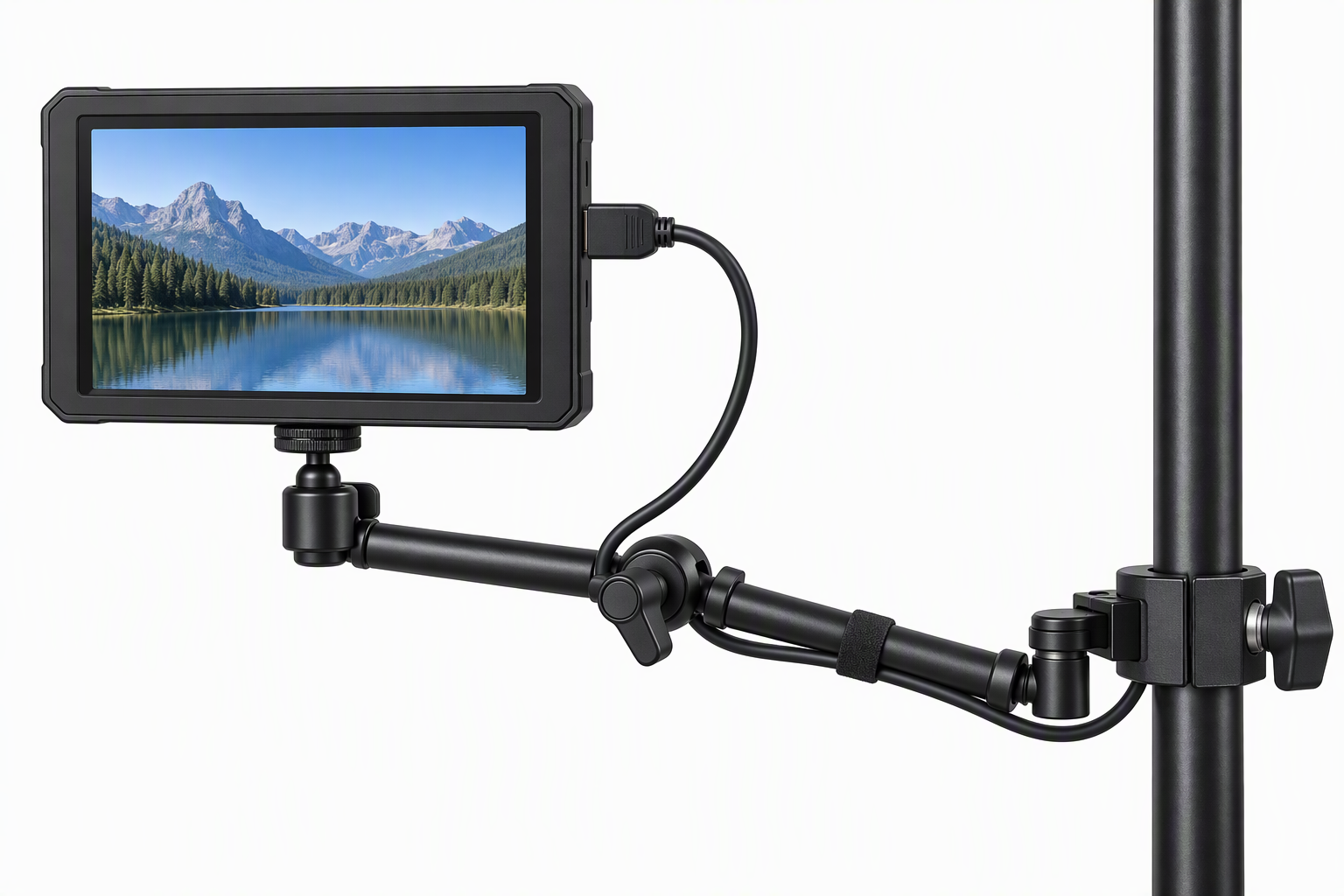 Diagram showing a field monitor arm with a slack HDMI cable routed clear of the joint and clamp.